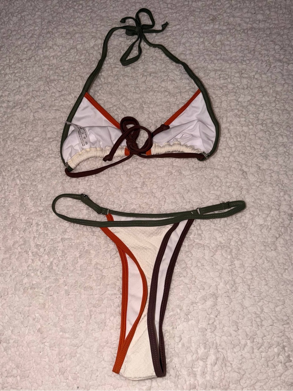 Cream Textured Triangle Bikini with Green & Rust Trim - Picture 6 of 10